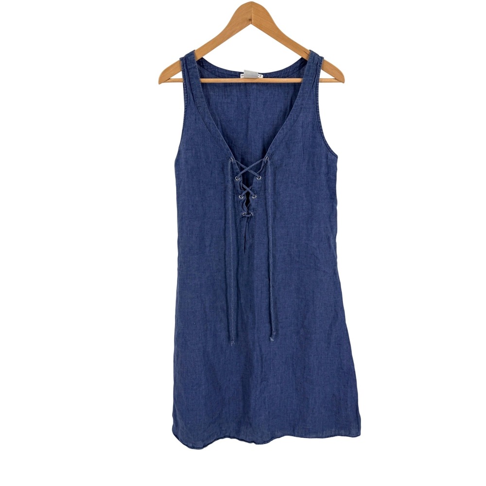 Vintage Beach Beyond 100% Linen Lace Up Blue Dress Medium Coastal Sleeveless